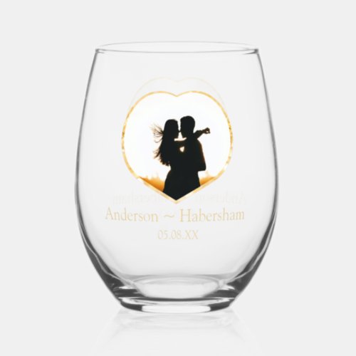 Personalize Wedding Heart Photo Template Name date Stemless Wine Glass