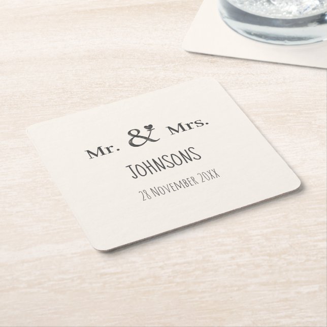 Personalize wedding name ampersand typography square paper coaster (Angled)