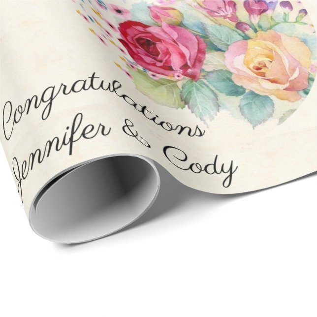 Personalize Wedding Names Pink & Yellow Roses  Wrapping Paper (Roll Corner)