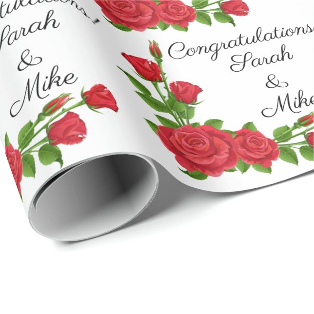 Personalize Wedding Red Roses Personalize Names Wrapping Paper (Roll Corner)