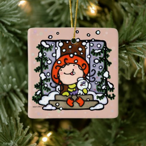 Personalize Whimsical Winter Girl and Puppy Snow  Ceramic Ornament