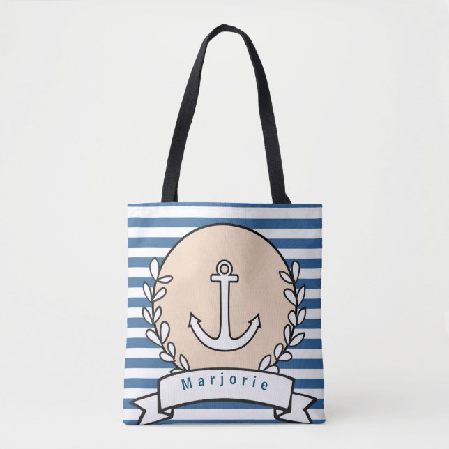 Personalize White Blue Horizontal Stripe Anchor Tote Bag (Front)