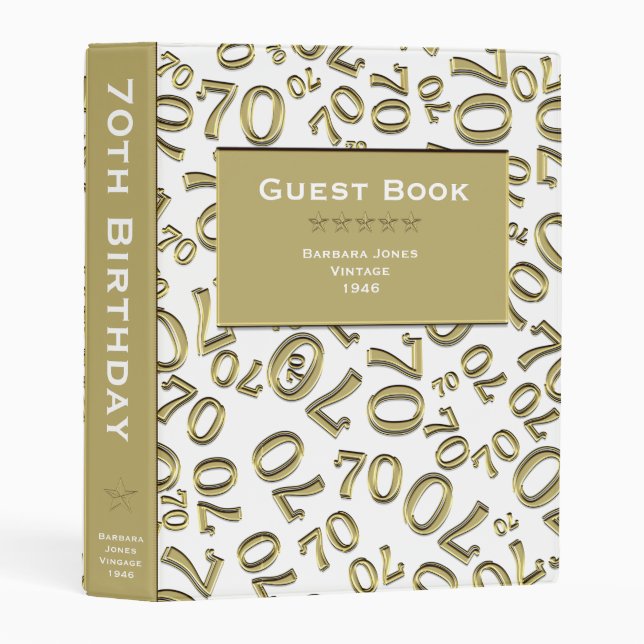 Personalize: White/Gold 70th Birthday Guest Book Mini Binder (Front/Spine)
