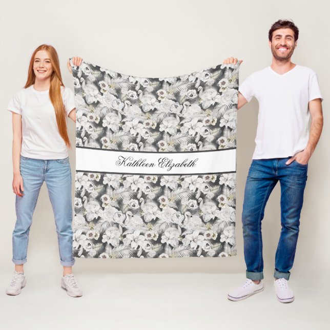 Personalize White Gray Swan Flower Floral Elegant  Fleece Blanket (In Situ)