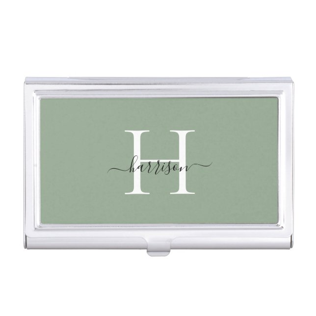 Personalize White Monogram Script Name Custom Business Card Case (Front)