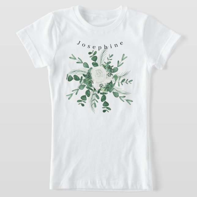 Personalize White Rose Bouquet Eucalyptus Leaves T-Shirt (Laydown)