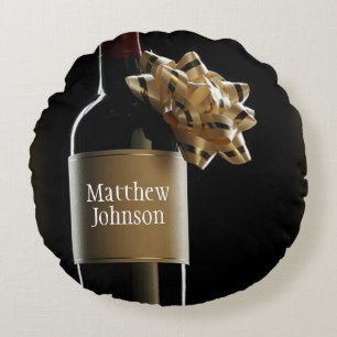 Personalize Wine Bottle with Bow Boss’s Day Round Pillow