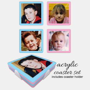 Personalize with 4 favorite photo blue pink coaster set