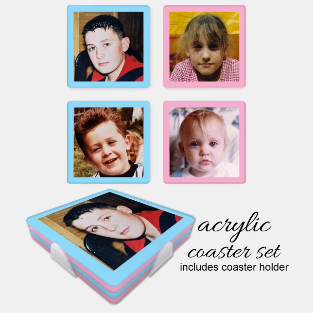 Personalize with 4 favorite photo blue pink coaster set (Creator Uploaded)