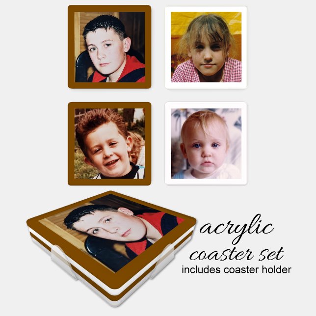 Personalize with 4 favorite photo brown white coaster set (Creator Uploaded)