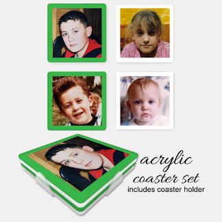Personalize with 4 favorite photo green white coaster set