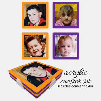 Personalize with 4 favorite photo orange purple coaster set