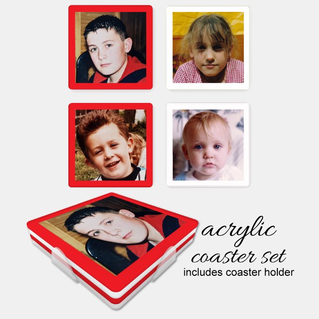 Personalize with 4 favorite photo red white coaster set (Creator Uploaded)