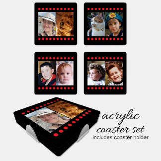 Personalize with 8 favorite photo black red coaster set
