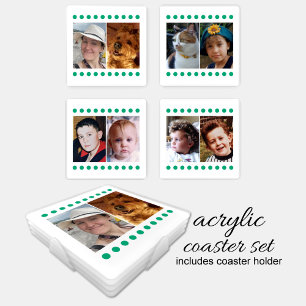 Personalize with 8 favorite photo white green coaster set