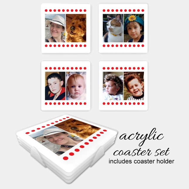 Personalize with 8 favorite photo white red coaster set (Creator Uploaded)