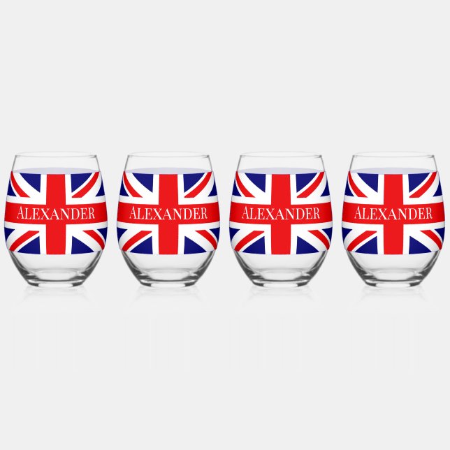 Personalize with a Name British National Flag Stemless Wine Glass (Front)