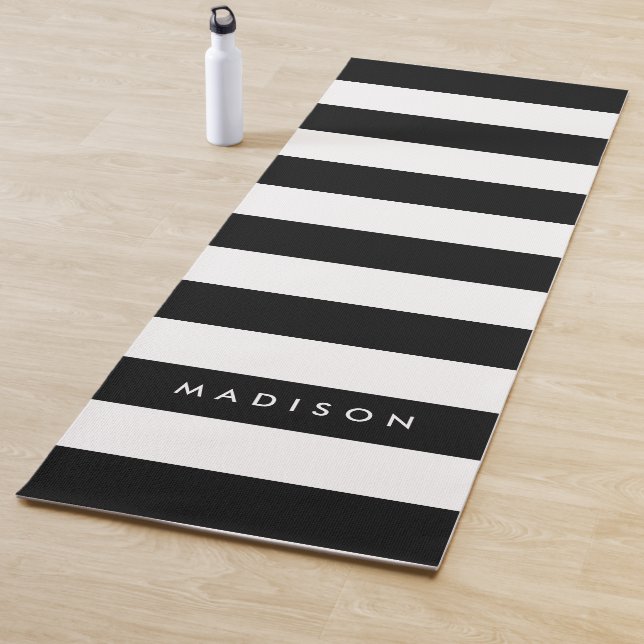 Personalize with Name Chic Black & White Stripes Yoga Mat (In Situ)