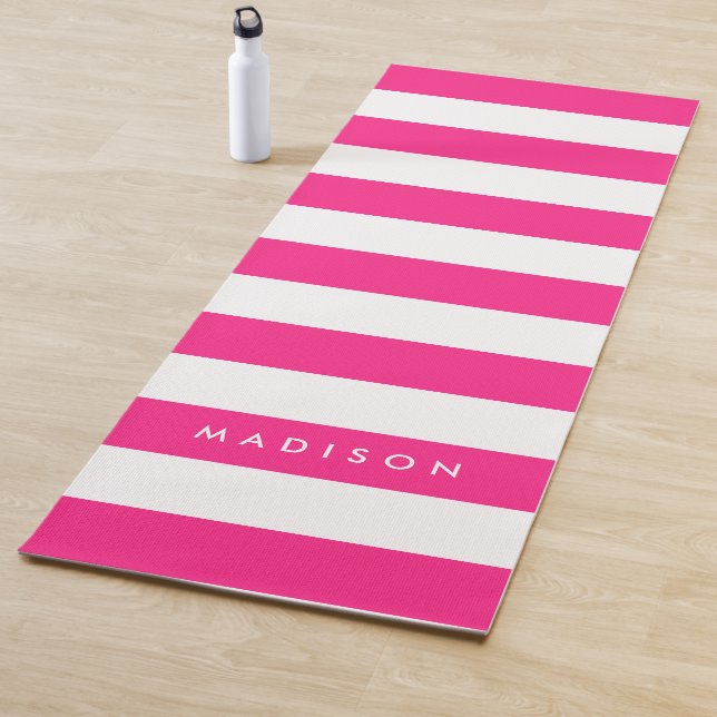 Personalize with Name Chic Pink & White Stripes Yoga Mat (In Situ)
