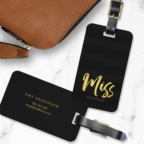 Personalize with Name Faux Gold Miss Black Stripes Luggage Tag