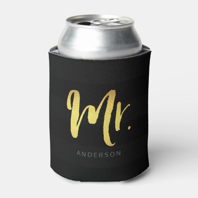 Personalize with Name Faux Gold Mr Black Stripes Can Cooler (Can Front)