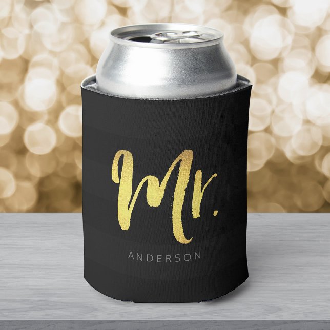 Personalize with Name Faux Gold Mr Black Stripes Can Cooler (Creator Uploaded)