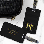 Personalize with Name Faux Gold Mr Black Stripes Luggage Tag<br><div class="desc">Stylish personalized luggage tag featuring the word "Mr" in faux gold foil brush script against a black stripes pattern background. It makes great gifts for newly weds or anniversaries. If you wish to make your name stand out better against the dark background, change the font color to a lighter color...</div>