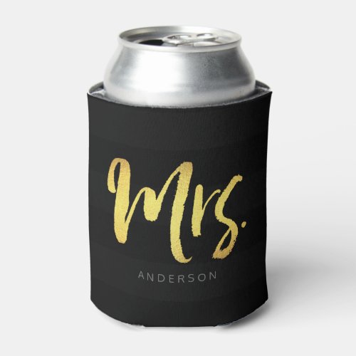Personalize with Name Faux Gold Mrs Black Stripes Can Cooler
