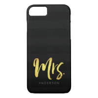 Personalize with Name Faux Gold Mrs Black Stripes iPhone 8/7 Case