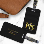 Personalize with Name Faux Gold Mrs Black Stripes Luggage Tag<br><div class="desc">Stylish personalized luggage tag featuring the word "Mrs" in faux gold foil brush script against a black stripes pattern background. It makes great gifts for newly weds or anniversaries. If you wish to make your name stand out better against the dark background, change the font color to a lighter color...</div>