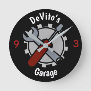 Personalize with Name Gear Head Garage Round Clock