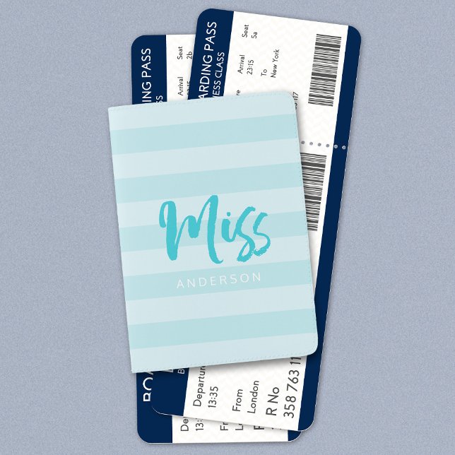 Personalize with Name Miss Blue Stripes Passport Holder (Creator Uploaded)
