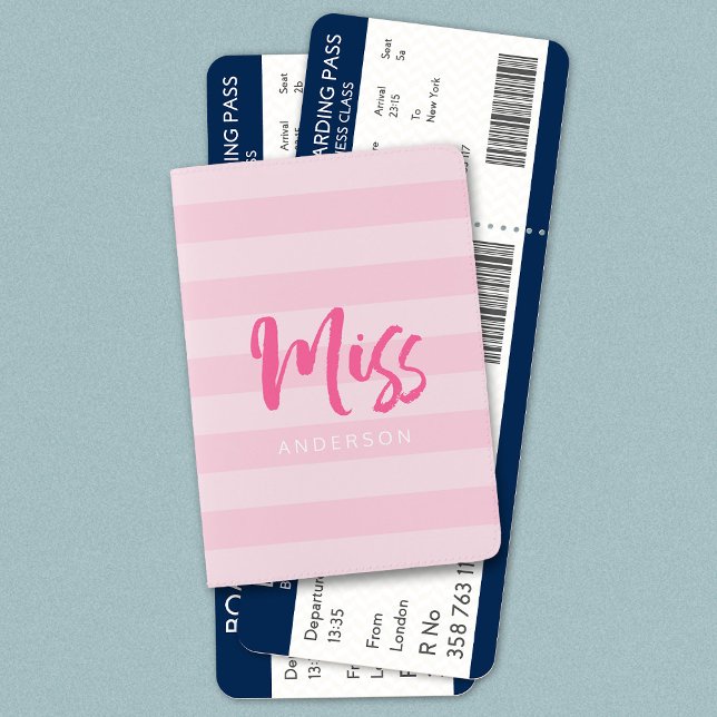 Personalize with Name Miss Pink Stripes Passport Holder (Creator Uploaded)