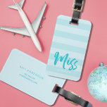 Personalize with Name Miss Preppy Blue Stripes Luggage Tag<br><div class="desc">Travel in style with this personalized luggage tag featuring the word "Miss" in blue brush script against a preppy blue stripes pattern background. Personalize this tag by replacing placeholder text with your information and for more options such as to change the font and it's size click the "Customize it" button....</div>
