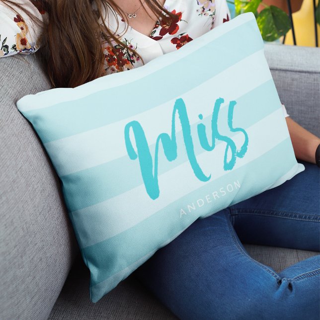Personalize with Name Miss Preppy Blue Stripes Lumbar Pillow (Creator Uploaded)