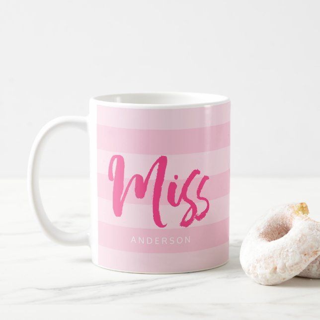 Personalize with Name Miss Preppy Pink Stripes Coffee Mug (With Donut)
