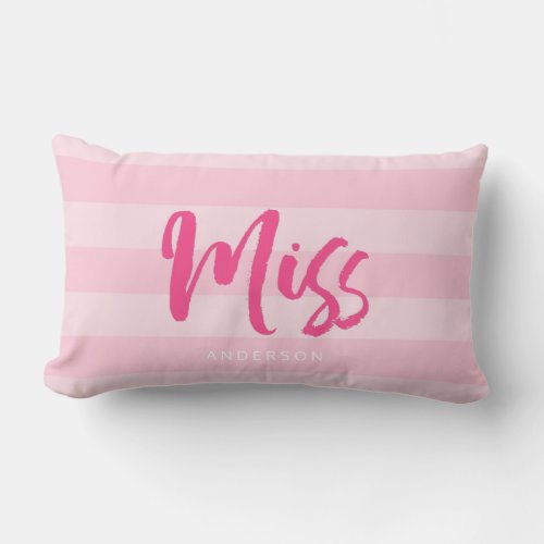 Personalize with Name Miss Preppy Pink Stripes Lumbar Pillow