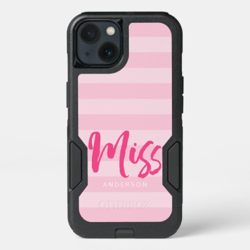 Personalize with Name Miss Preppy Pink Stripes iPhone 13 Case