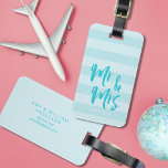 Personalize with Name Mr and Mrs Blue Stripes Luggage Tag<br><div class="desc">Stylish personalized luggage tag featuring the word "Mr and Mrs" in blue brush script against modern blue stripes pattern background. It makes great gifts for newly weds or wedding anniversaries. Personalize this tag by replacing placeholder text with your information and for more options such as to change the font and...</div>