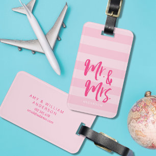 Personalize with Name Mr and Mrs Pink Stripes Luggage Tag