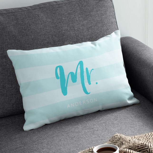 Personalize with Name Mr Preppy Blue Stripes Lumbar Pillow (Creator Uploaded)