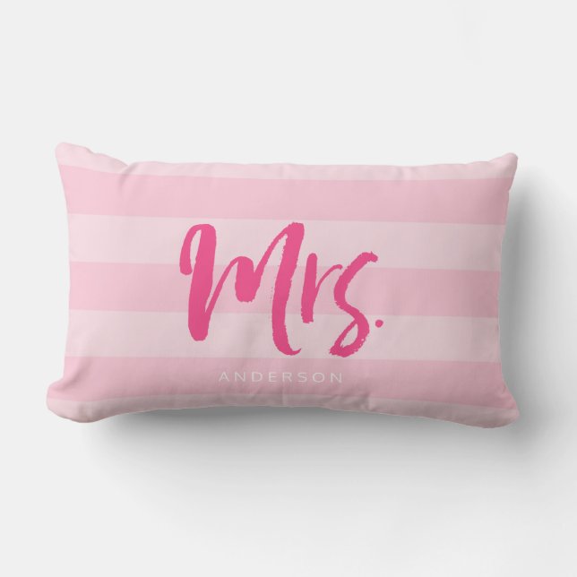 Personalize with Name Mrs Preppy Pink Stripes Lumbar Pillow (Front)