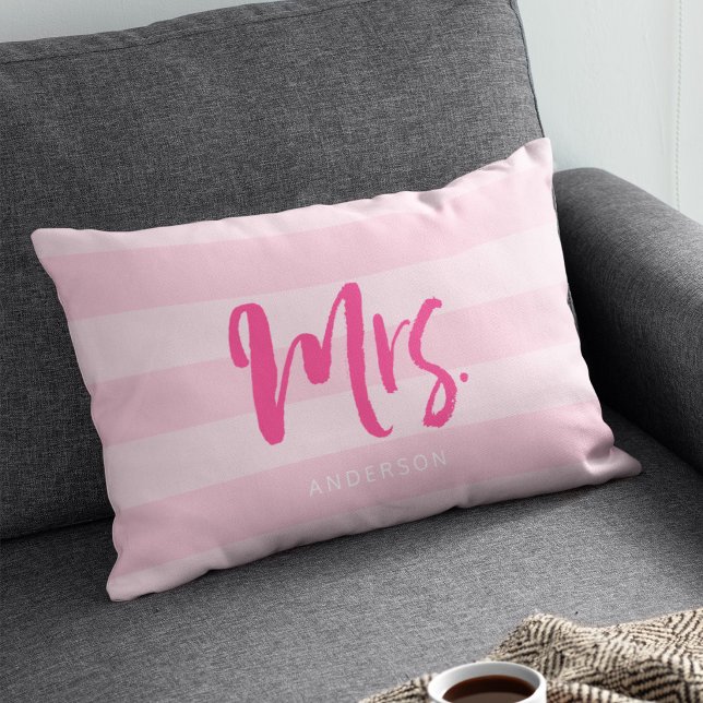 Personalize with Name Mrs Preppy Pink Stripes Lumbar Pillow (Creator Uploaded)
