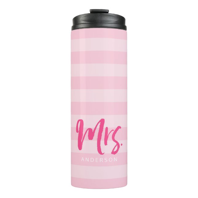 Personalize with Name Mrs Preppy Pink Stripes Thermal Tumbler (Front)
