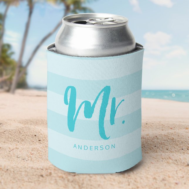 Personalize with Name Preppy Mr Blue Stripes Can Cooler (Creator Uploaded)