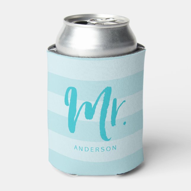 Personalize with Name Preppy Mr Blue Stripes Can Cooler (Can Front)