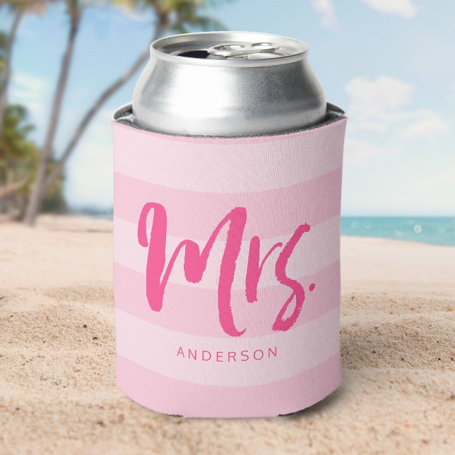 Personalize with Name Preppy Mrs Pink Stripes Can Cooler (Creator Uploaded)