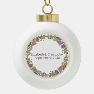 Personalize with Names and Wedding Date Floral Ceramic Ball Christmas Ornament