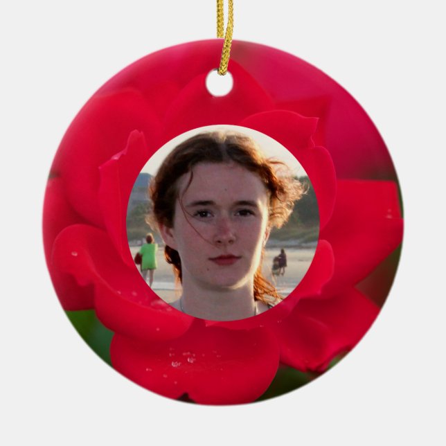 (Personalize) With Photos Red Rose in Bloom Dew Ceramic Ornament (Front)