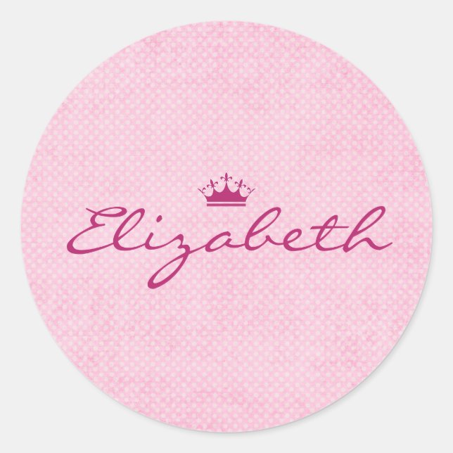 Personalize with Purple Tiara on Pink Polka Dots Classic Round Sticker (Front)